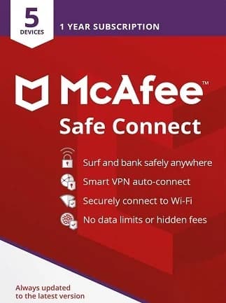 McAfee Safe Connect VPN Premium (Android, Chromebook, iOS, Windows) 5 Devices, 1 Year - McAfee Key -