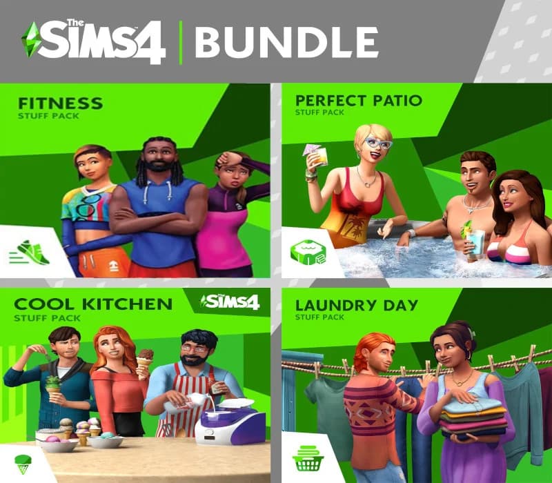 The Sims 4 - Fitness + Cool Kitchen + Laundry Day + Perfect Patio Stuff DLC Bundle PC EA App